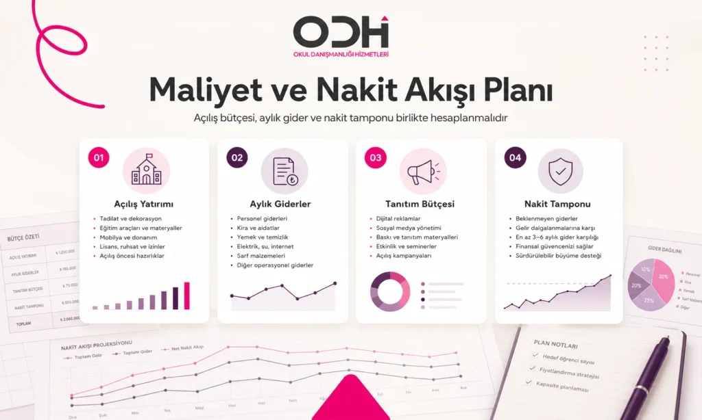 Anaokulu açma maliyeti, aylık giderler, tanıtım bütçesi ve nakit tamponunu gösteren finans planı görseli.