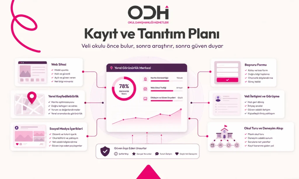 Anaokulu kayıt pazarlaması, dijital görünürlük, Google Harita, web sitesi, sosyal medya ve başvuru formu sürecini gösteren tanıtım planı görseli.