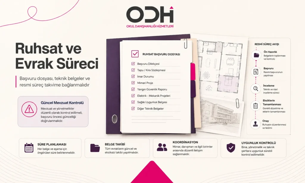Anaokulu ruhsat süreci, başvuru dosyası, teknik belgeler ve evrak kontrol listesini gösteren profesyonel belge planı görseli.