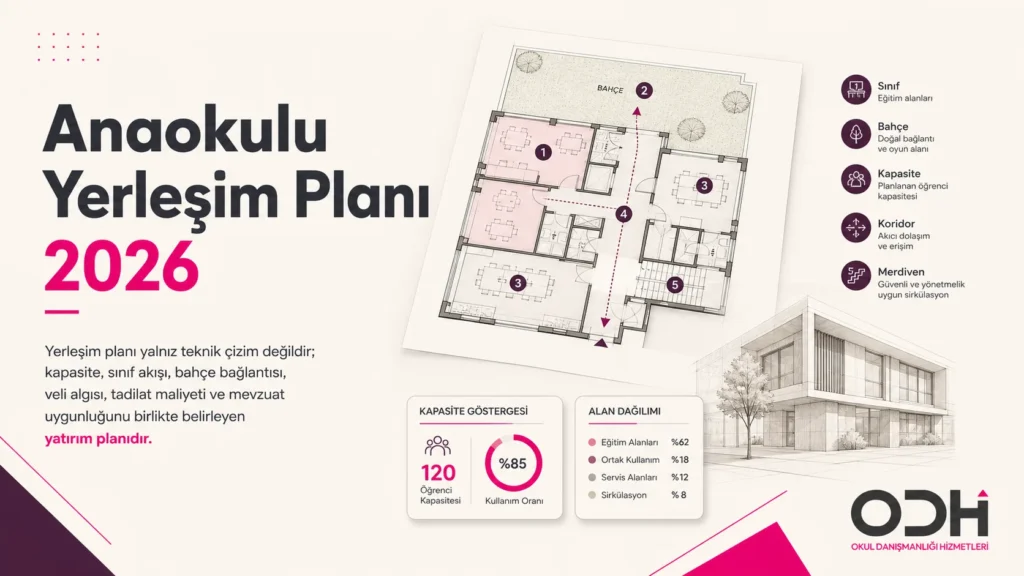 Anaokulu yerleşim planı 2026 sınıf bahçe kapasite mimari planlama