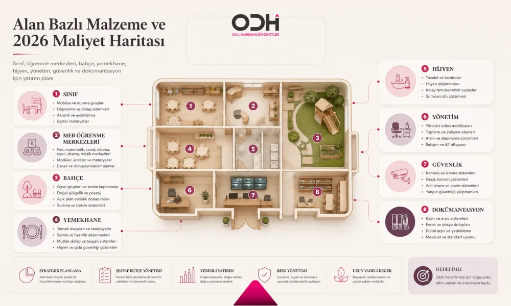 anaokulu malzemeleri listesi ve MEB öğrenme merkezlerine göre sınıf bahçe hijyen yemekhane ve yönetim alanları