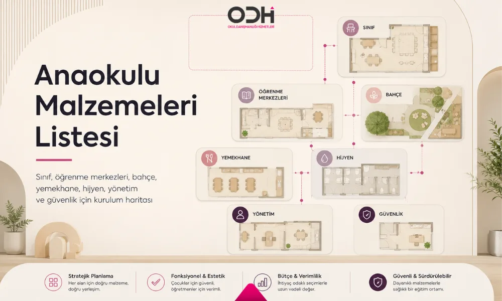 anaokulu malzemeleri listesi ve MEB öğrenme merkezlerine göre sınıf bahçe hijyen yemekhane ve yönetim alanları