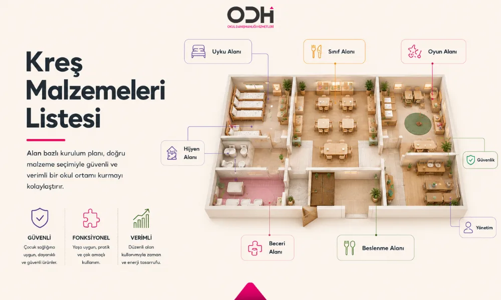 kreş malzemeleri listesi için sınıf uyku hijyen beslenme güvenlik ve karşılama alanlarını gösteren kurulum haritası