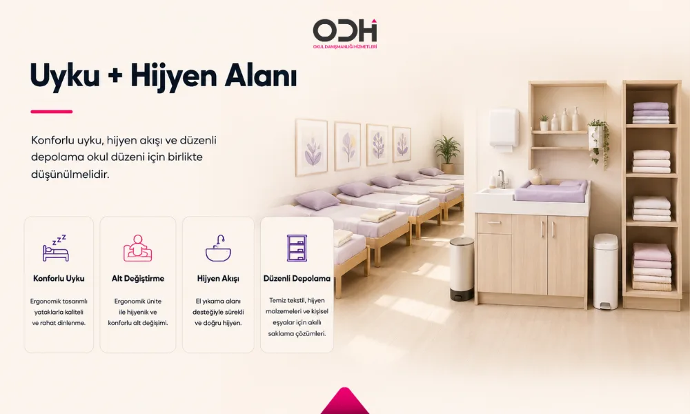 kreş uyku alanı kampet alt değiştirme ünitesi hijyen dolabı ve temiz kirli tekstil düzeni
