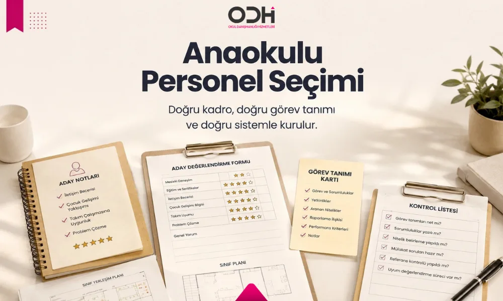 Doğru kadro, doğru görev tanımı ve doğru sistemle kurulur.” Kompozisyon odağı: Premium danışmanlık masa sahnesi; personel değerlendirme formları, görev tanımı kartları, kontrol listeleri, aday notları ve hafif sınıf planı detayları. Yazı alanı temiz ve dengeli olsun.