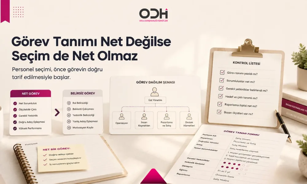 Anaokulu personel seçimi, önce görevin doğru tarif edilmesiyle başlar. Sorumluluk kartları, görev dağılımı şeması ve kontrol listeleri.