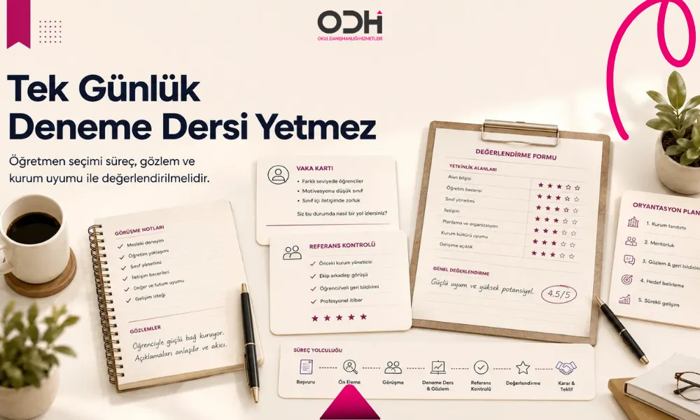 Öğretmen seçimi süreç, gözlem ve kurum uyumu ile değerlendirilmelidir. Mülakat notları, vaka kartları, referans kontrol formları ve oryantasyon planı.