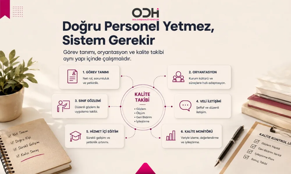 Görev tanımı, oryantasyon ve kalite takibi aynı yapı içinde çalışmalıdır. Sistem kartları, sınıf gözlemi, veli iletişimi ve kalite takibini birbirine bağlayan kurumsal yapı.