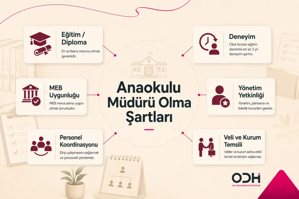 Özel anaokulu müdürü atama şartlarını gösteren bilgi şeması
