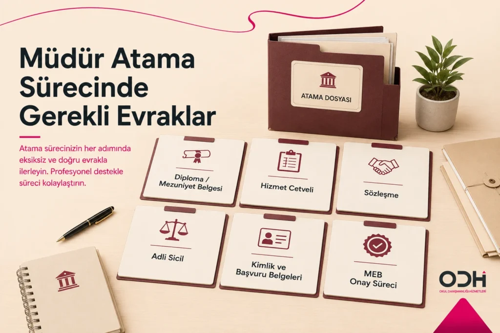 Anaokulu müdürü atamasında hazırlanan diploma, sözleşme ve hizmet belgeleri
