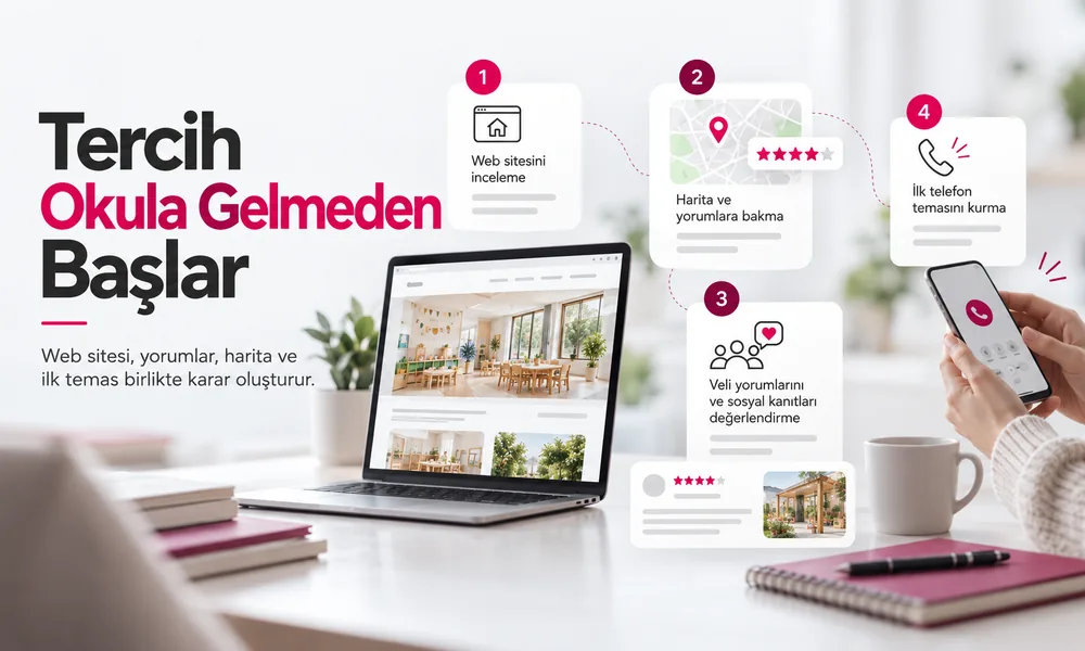 Velinin anaokulu tercihinin web sitesi, yorumlar, harita ve telefon temasıyla başlaması