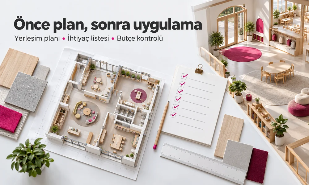 Kreş kurulumunda yerleşim planı, malzeme örnekleri ve satın alma kontrol listesi.