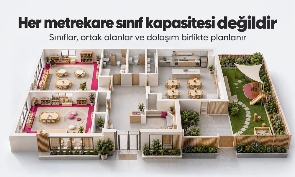 Sınıflar, ortak alanlar, dolaşım ve bahçeyi gösteren kavramsal kreş bina kesiti.