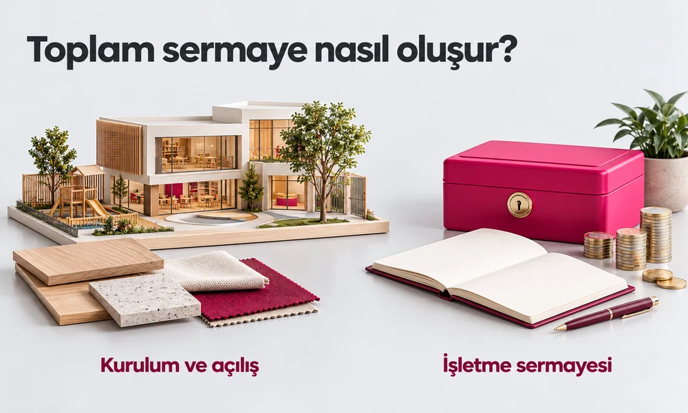 Kreş kurulum ve açılış bütçesi ile işletme sermayesini temsil eden bina maketi ve nakit rezervi kutusu.